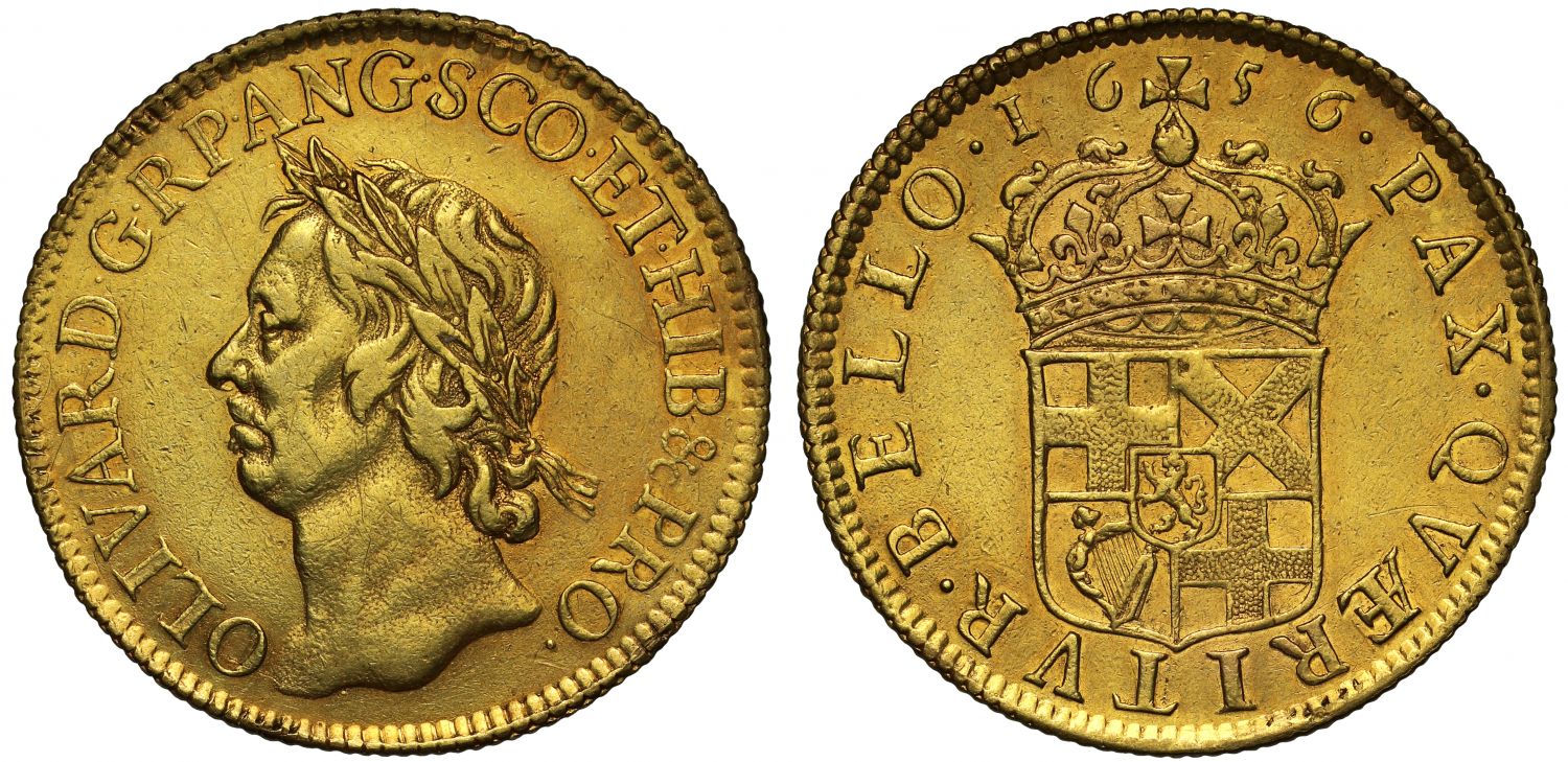 Oliver Cromwell 1656 Broad of Twenty Shillings, engraved by Thomas Simon