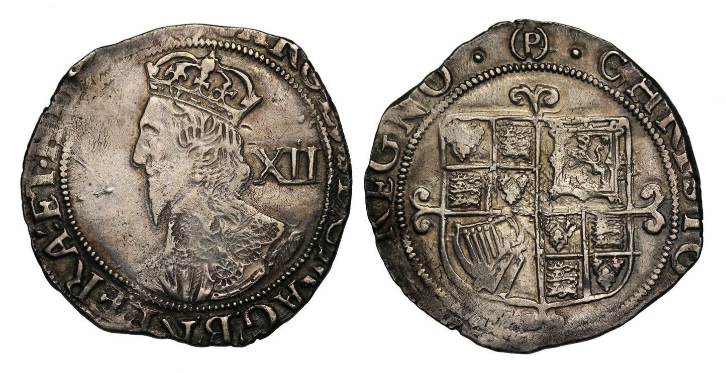 Charles I Shilling Tower under Parliament, mm (P) after King had left London