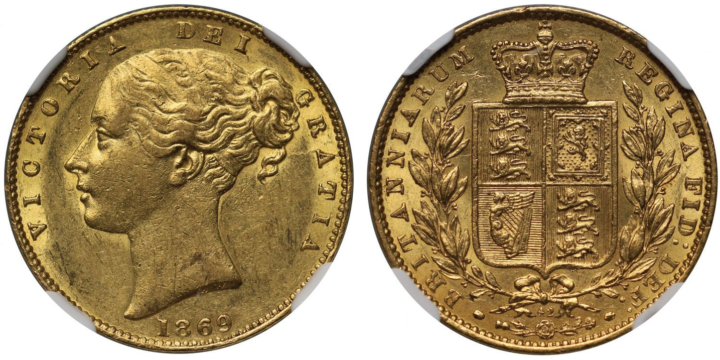 Victoria 1869 Sovereign, shield reverse die number 42, AU58