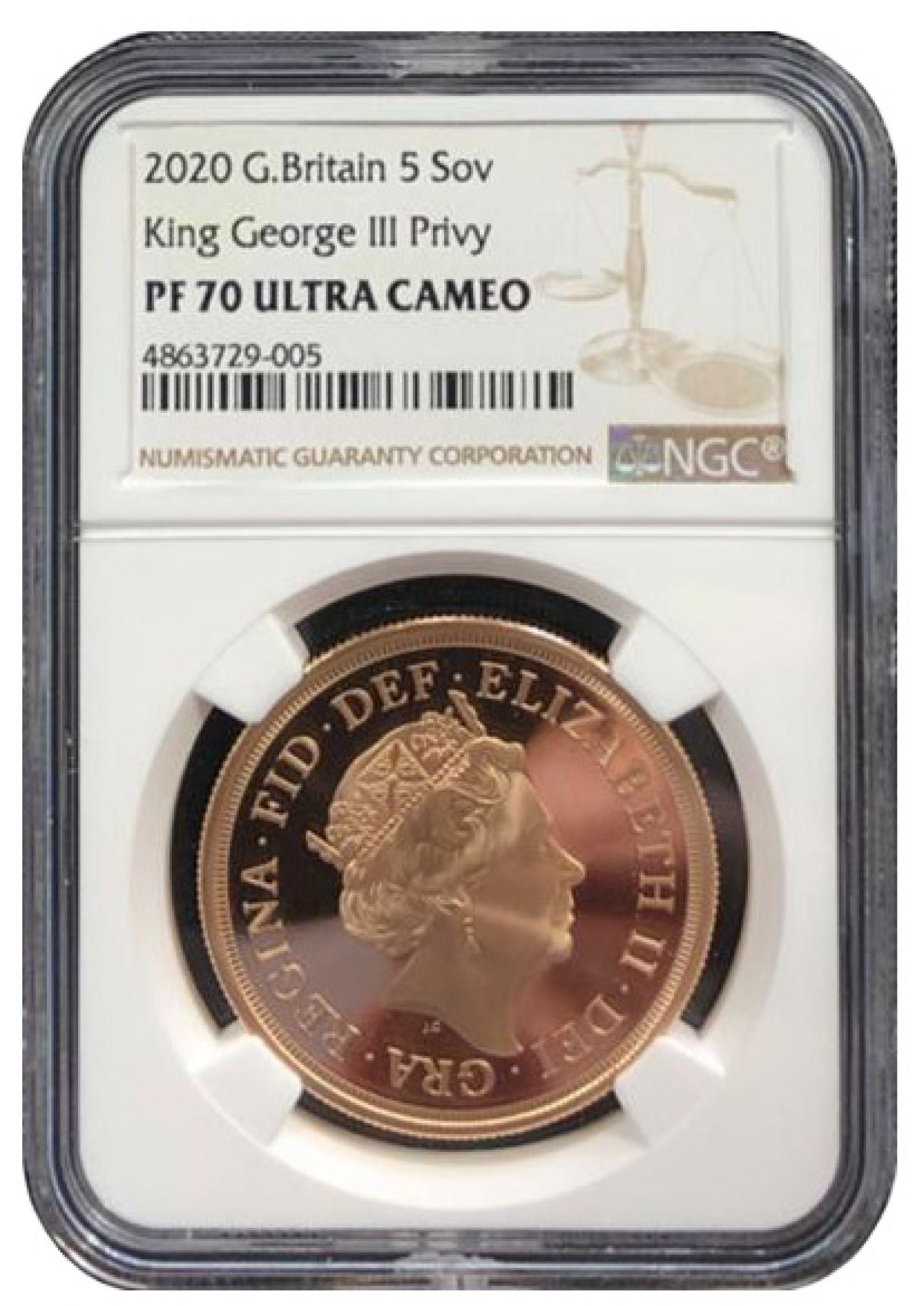 Elizabeth II 2020 proof Five-Pounds PF70 ULTRA CAMEO