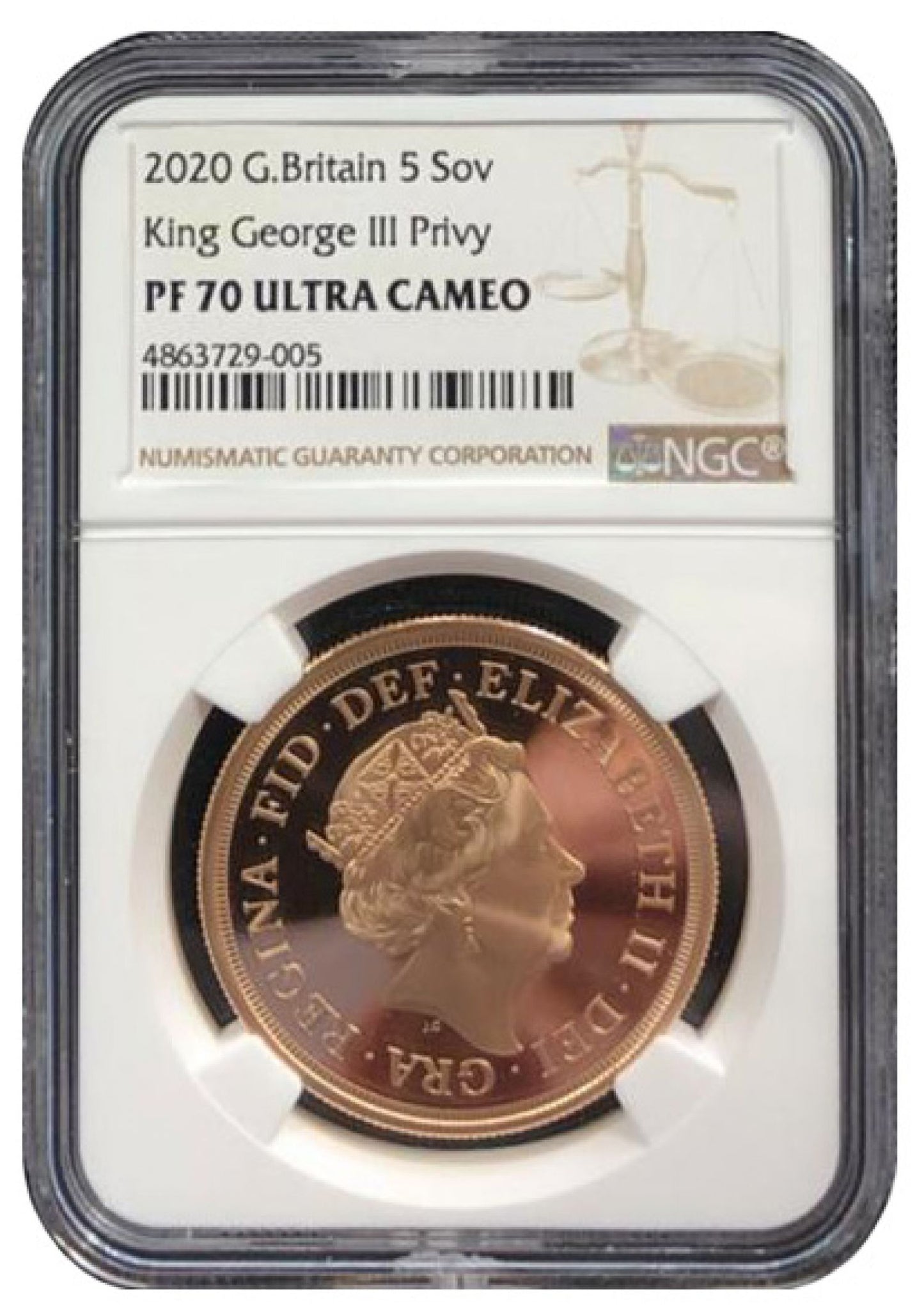 Elizabeth II 2020 proof Five-Pounds PF70 ULTRA CAMEO