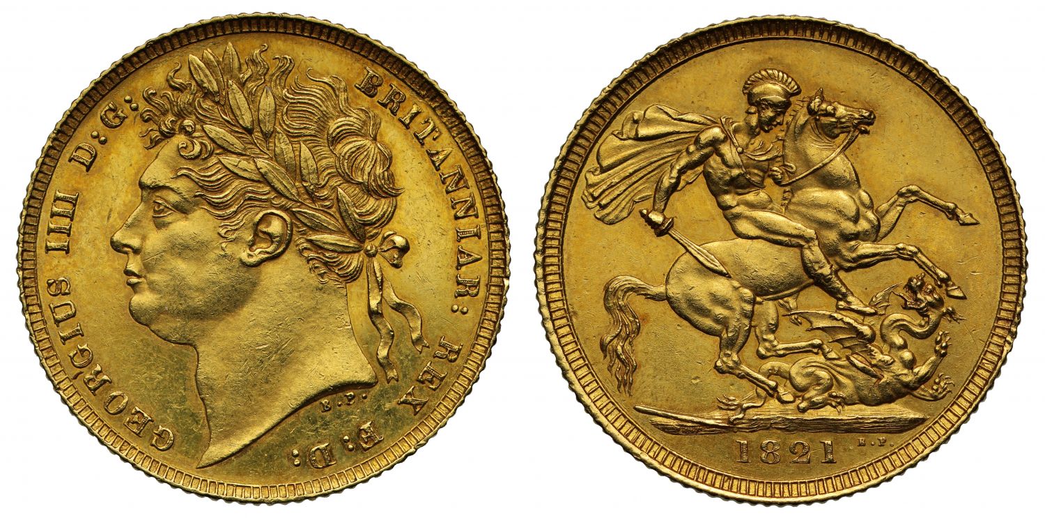 George IV 1821 Sovereign, first laureate head type MS62