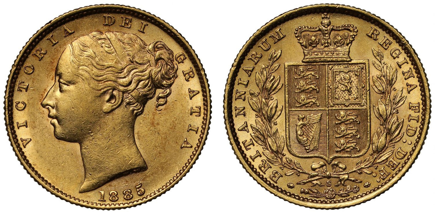 Victoria 1885-S Sovereign, Sydney Mint, shield reverse, AU58