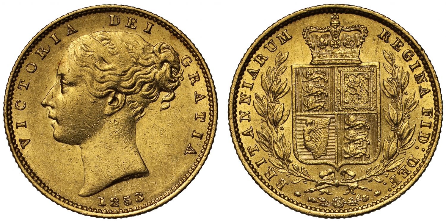 Victoria 1853 Sovereign, W.W. raised on truncation AU58