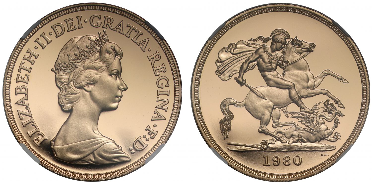 Elizabeth II 1980 proof Five-Pounds PF70 ULTRA CAMEO