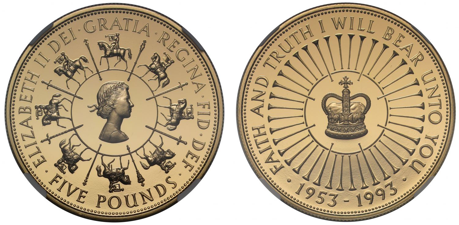 Elizabeth II 1993 PF70 UCAM Five-Pounds - Coronation 40th Anniversary