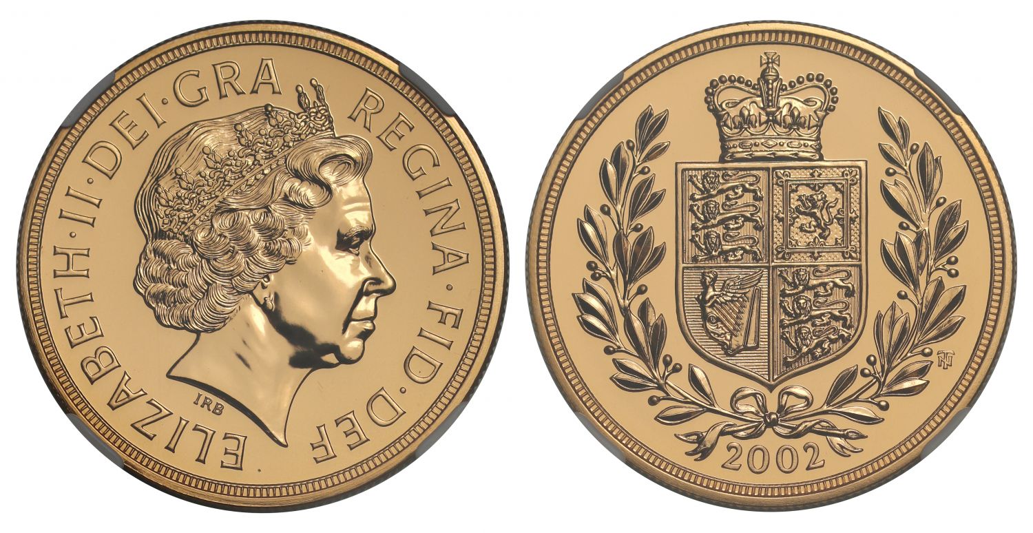 Elizabeth II 2002 MS69 DPL gold Five-Pounds BU