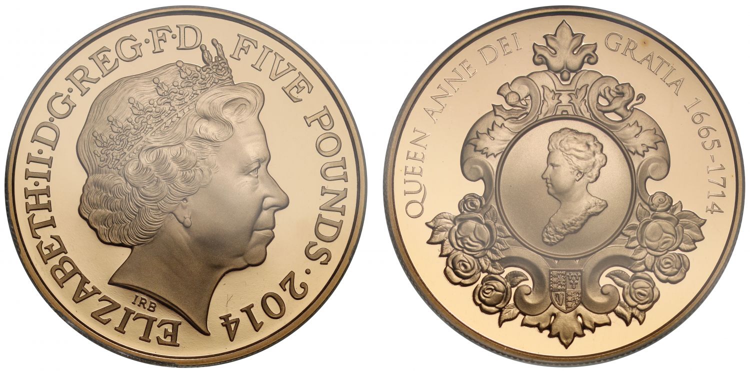 Elizabeth II 2014 PR70 DCAM Five Pounds – Queen Anne Tercentenary
