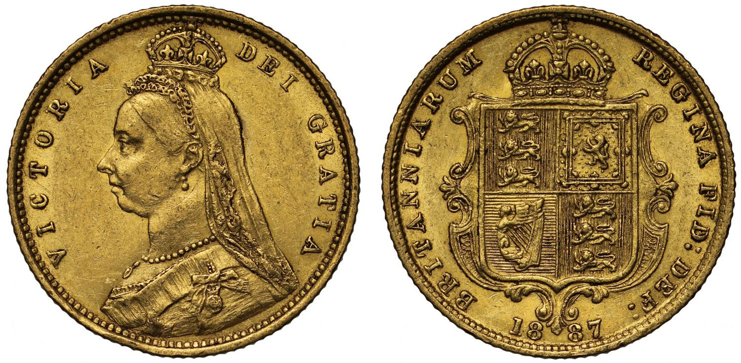 Victoria 1887 Half-Sovereign, Jubilee London, no JEB on plain truncation AU58