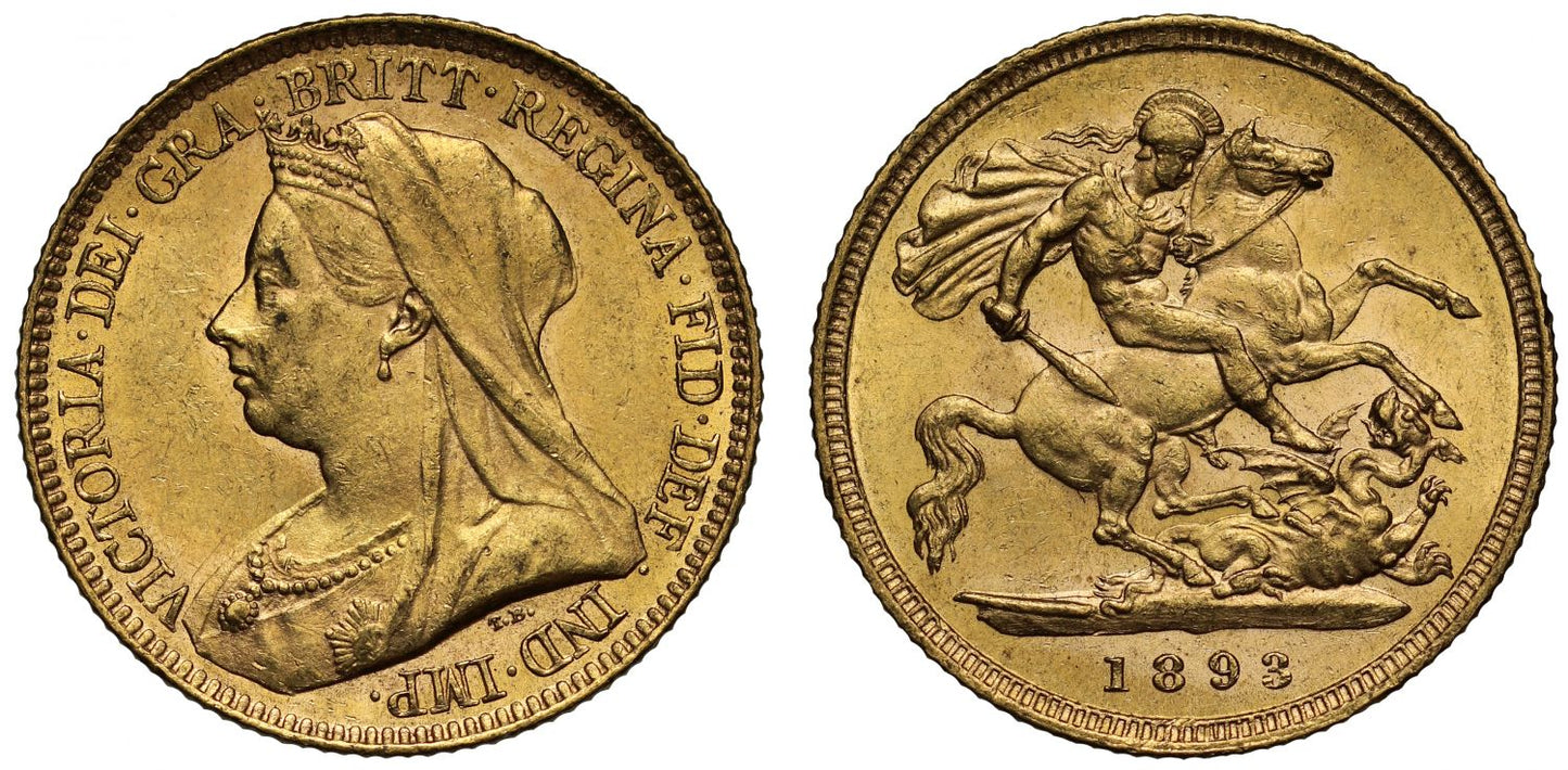 Victoria 1893 Half-Sovereign, older veiled head, AU58