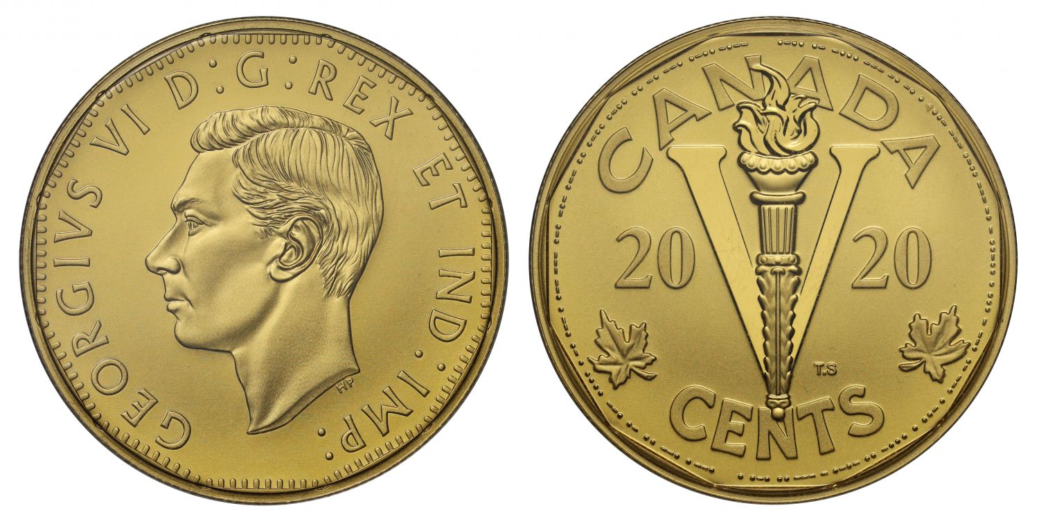 Canada 2020 PF70 matt pure gold 1oz WW2 Victory Nickel, George VI design