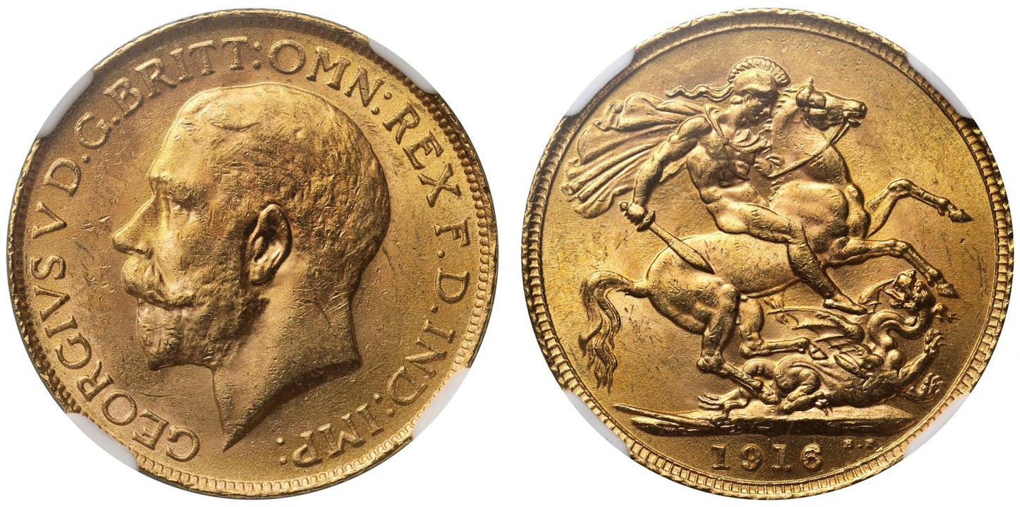 George V 1916 Sovereign London issue, scarce date, MS63
