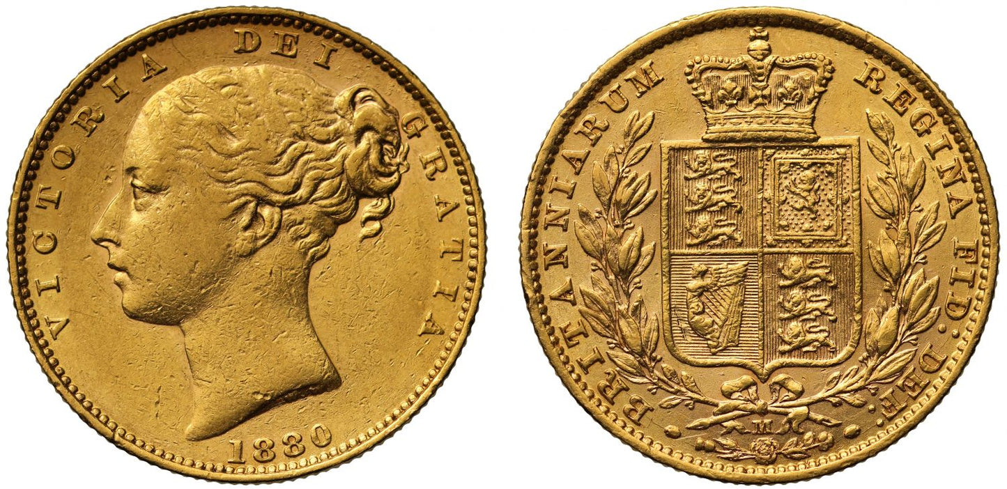 Victoria 1880 Sovereign Melbourne Young head Shield reverse, very rare