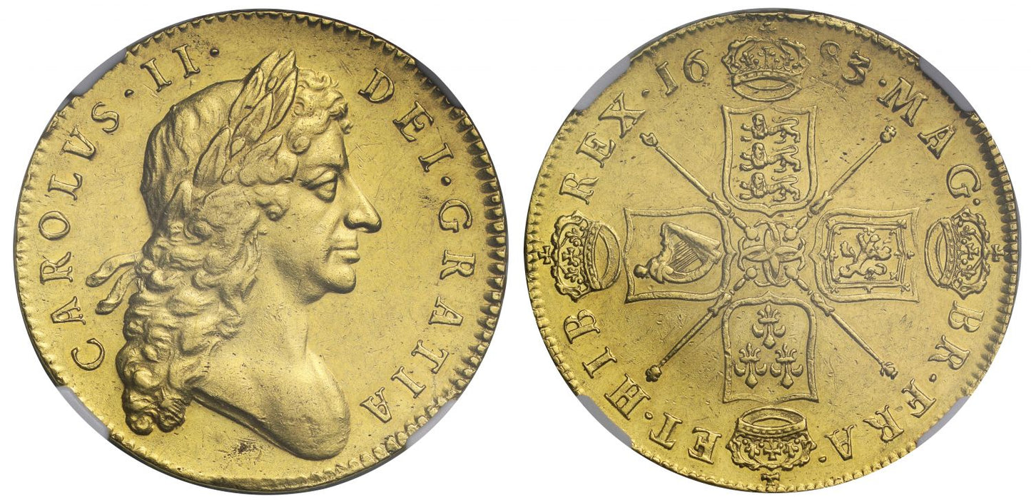 Charles II 1683/2 Five-Guineas finest currently graded at AU55