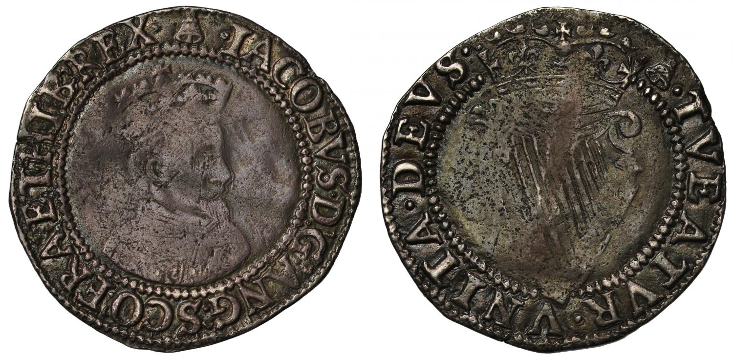Ireland, James I Sixpence, first coinage, first bust mint mark bell