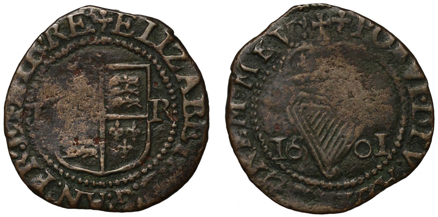 Ireland, Elizabeth I 1601 copper Halfpenny, mint mark trefoil