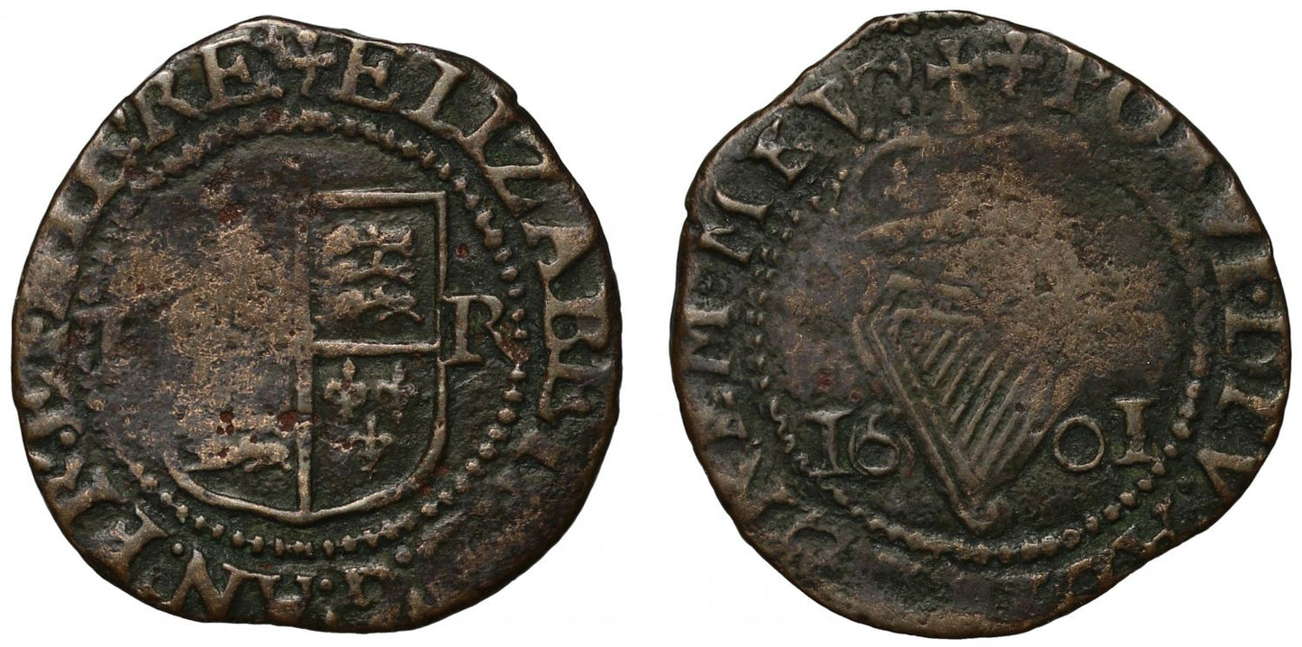 Ireland, Elizabeth I 1601 copper Halfpenny, mint mark trefoil