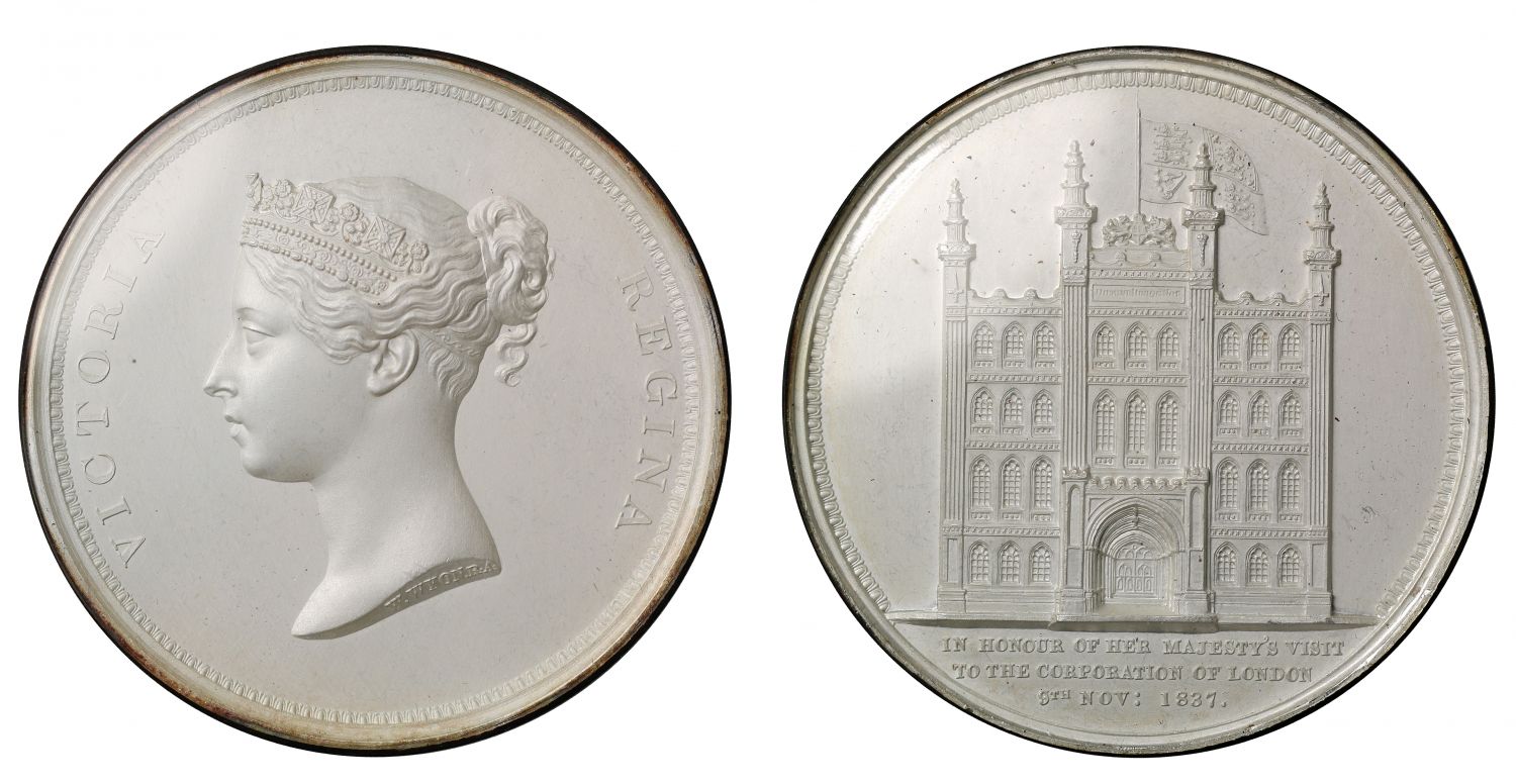 Visit to the Corporation of London, 1837, glazed, frosted silver medal.