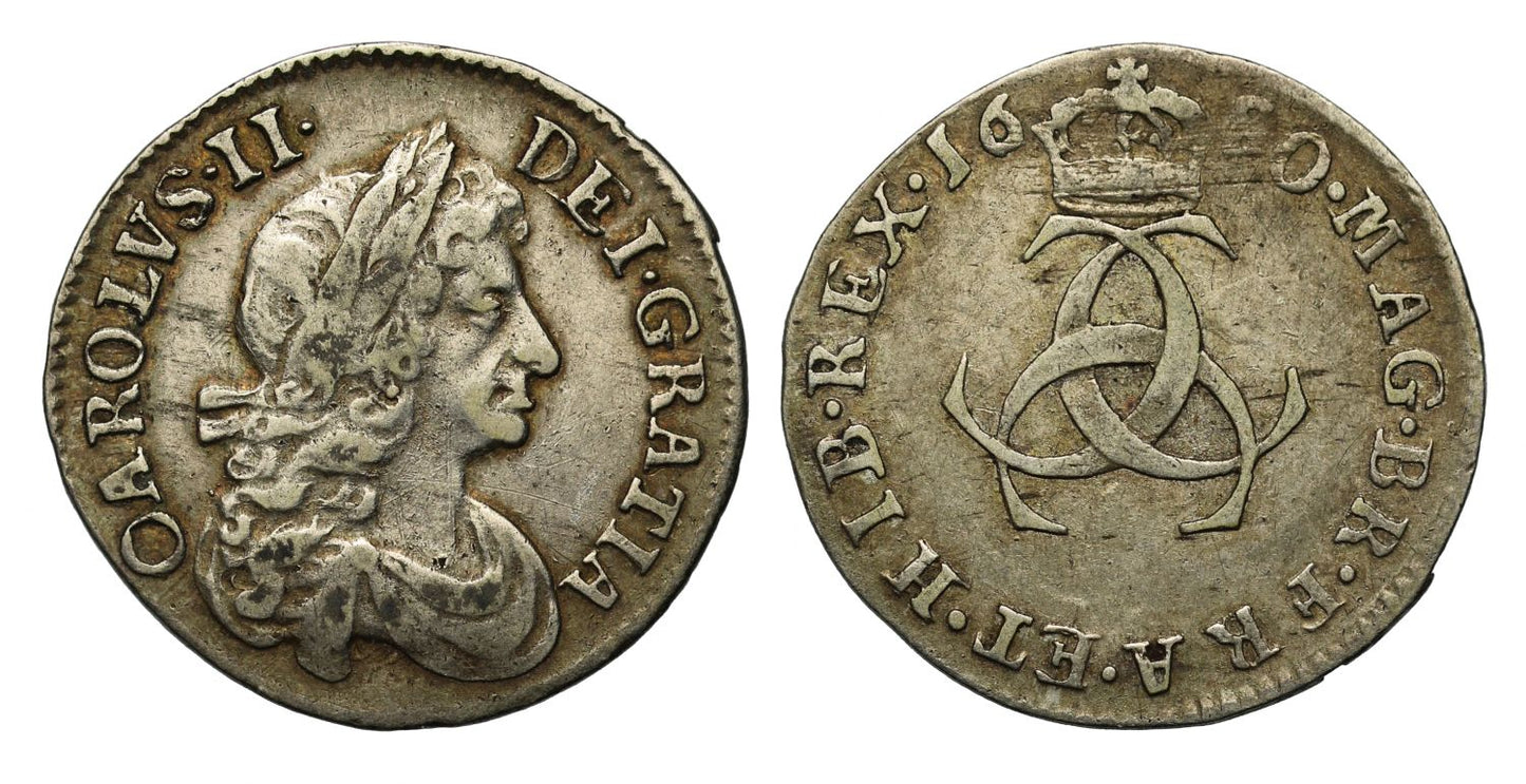 Charles II 1680 silver Threepence C struck over O in CAROLVS