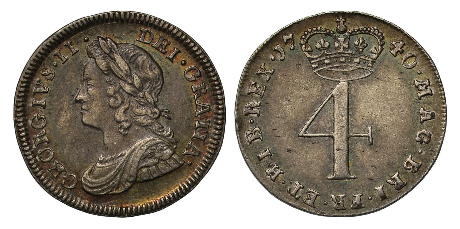 George II 1740 Fourpence utilising obverse die of the Threepence, young head