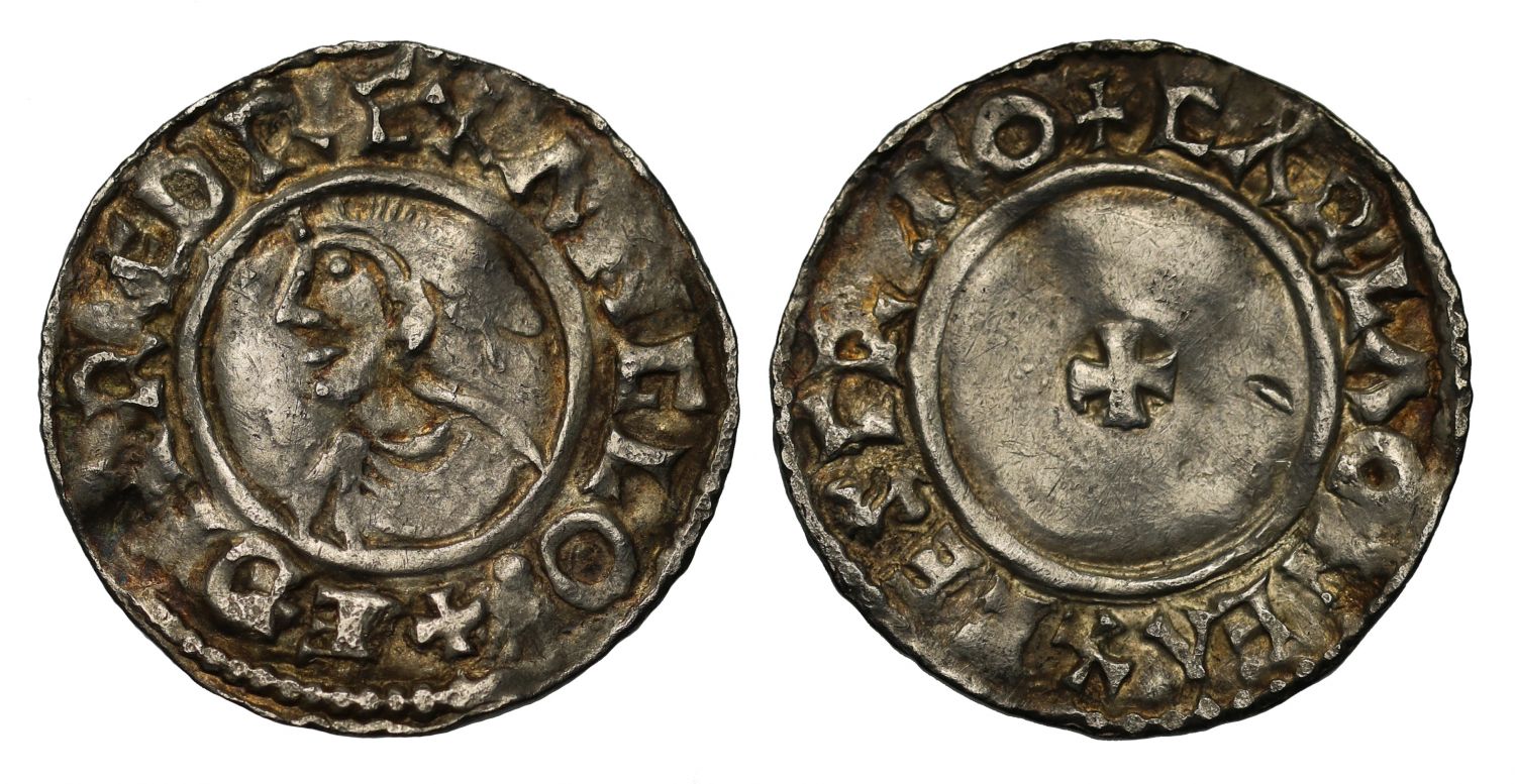 Aethelred II Penny, Small cross type, Exeter, Carla, full mint reading, ex Maudlin