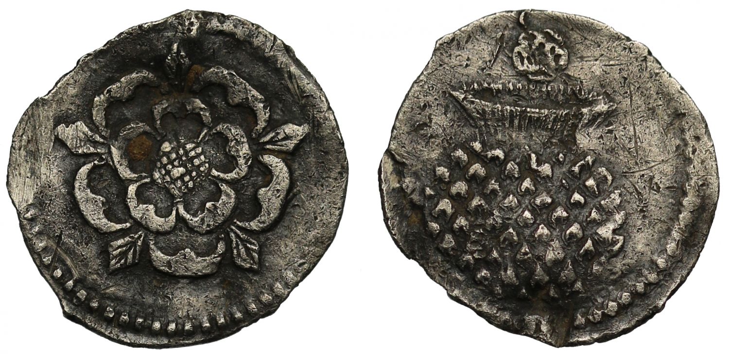 James I Halfpenny, second coinage, mint mark rose (1605-06)
