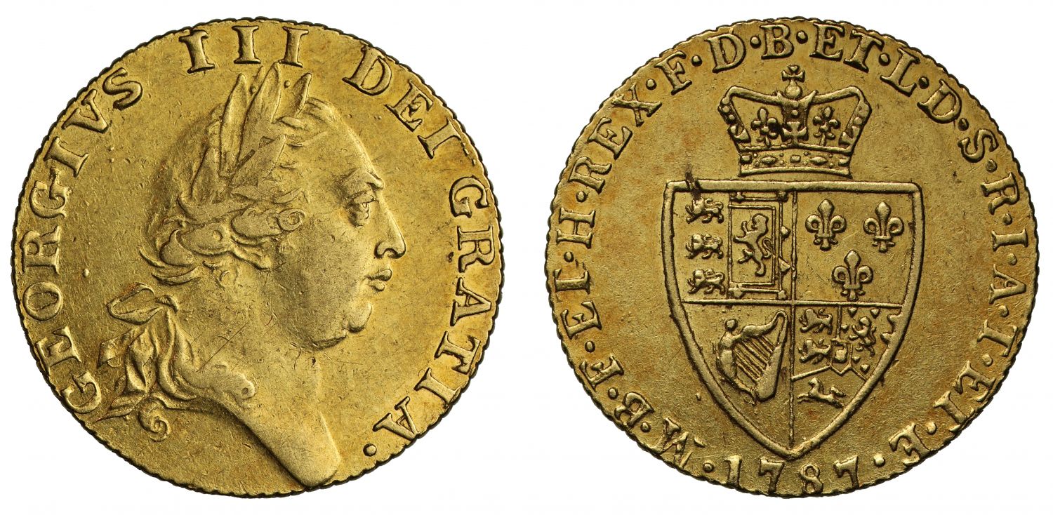 George III 1787 Guinea, fifth bust, first year of the spade type reverse