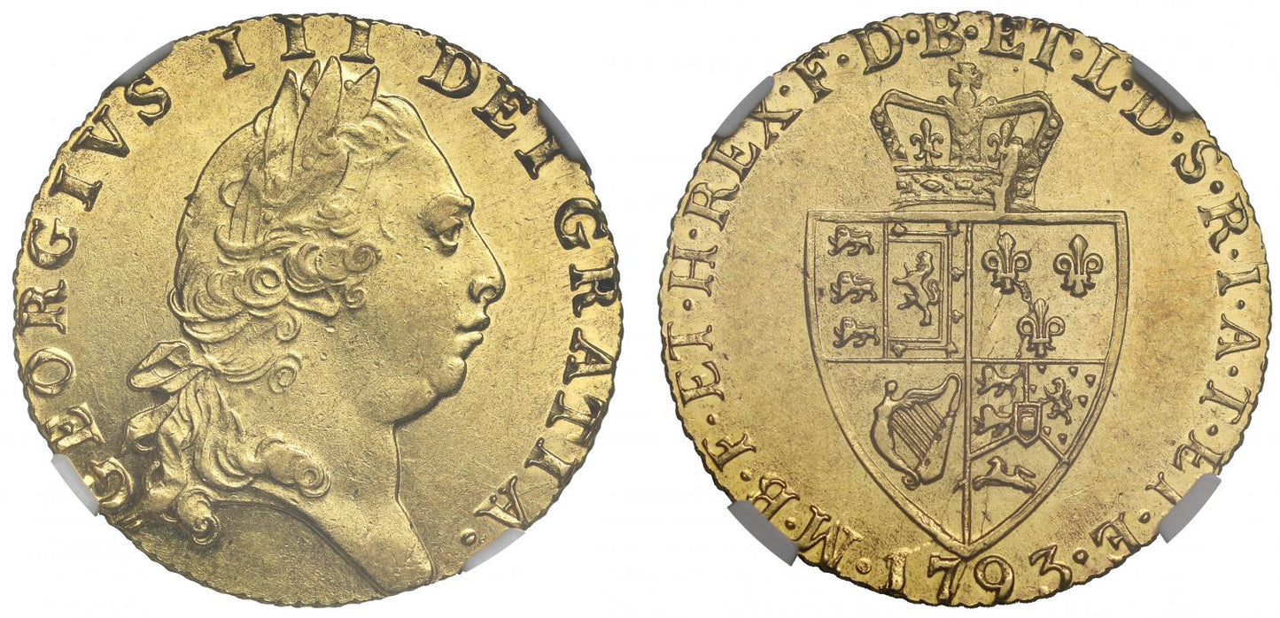 George III 1793 Guinea, fifth bust, spade type reverse AU58