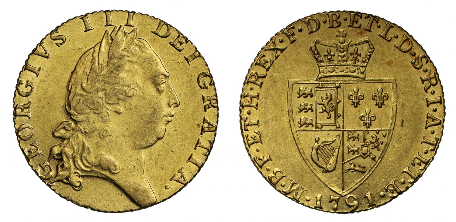 George III 1791 Guinea, fifth bust, spade type reverse AU55