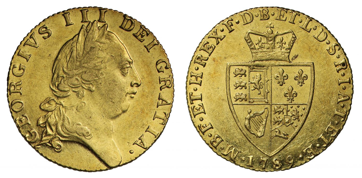 George III 1789 Guinea, fifth bust, spade type reverse, NGC AU55