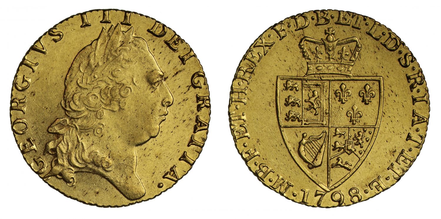 George III 1798 Guinea, fifth bust, spade type reverse AU58