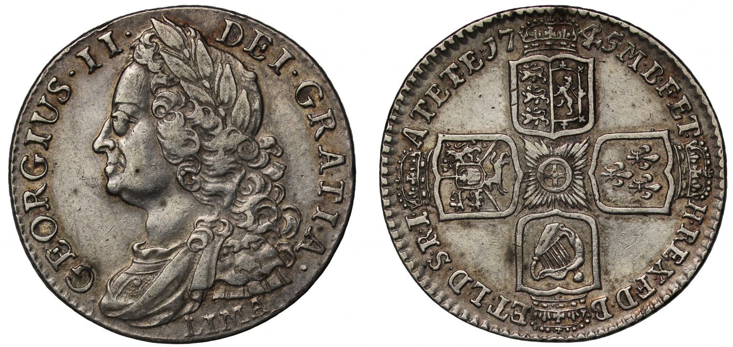 George II 1745 LIMA Shilling, older bust, struck from LIMA treasure