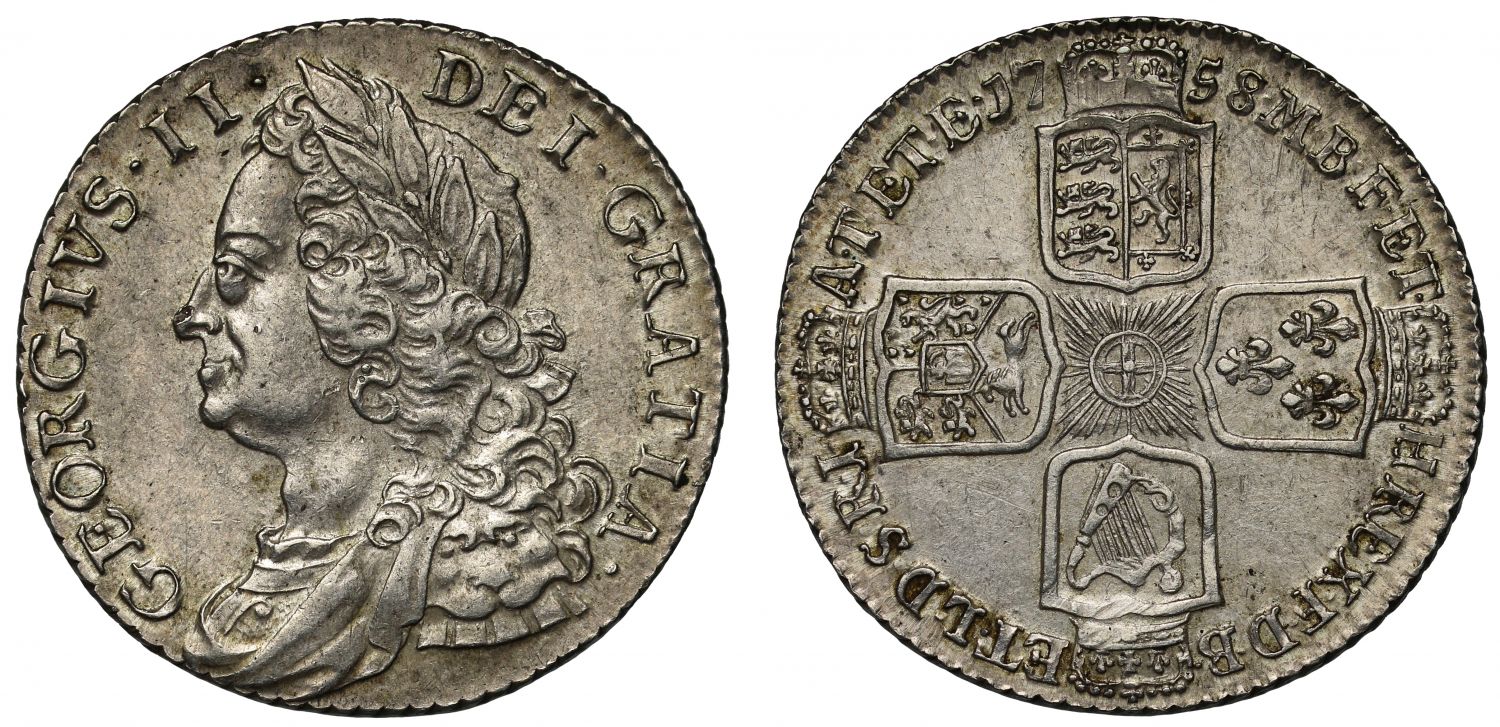 George II 1758 Shilling, old head, final year of the Shilling in this reign