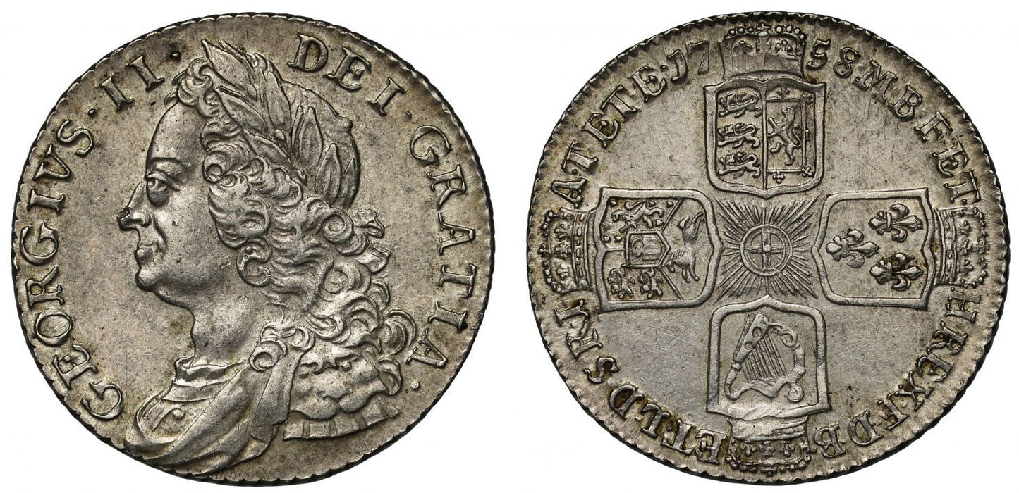 George II 1758 Shilling, old head, final year of the Shilling in this reign
