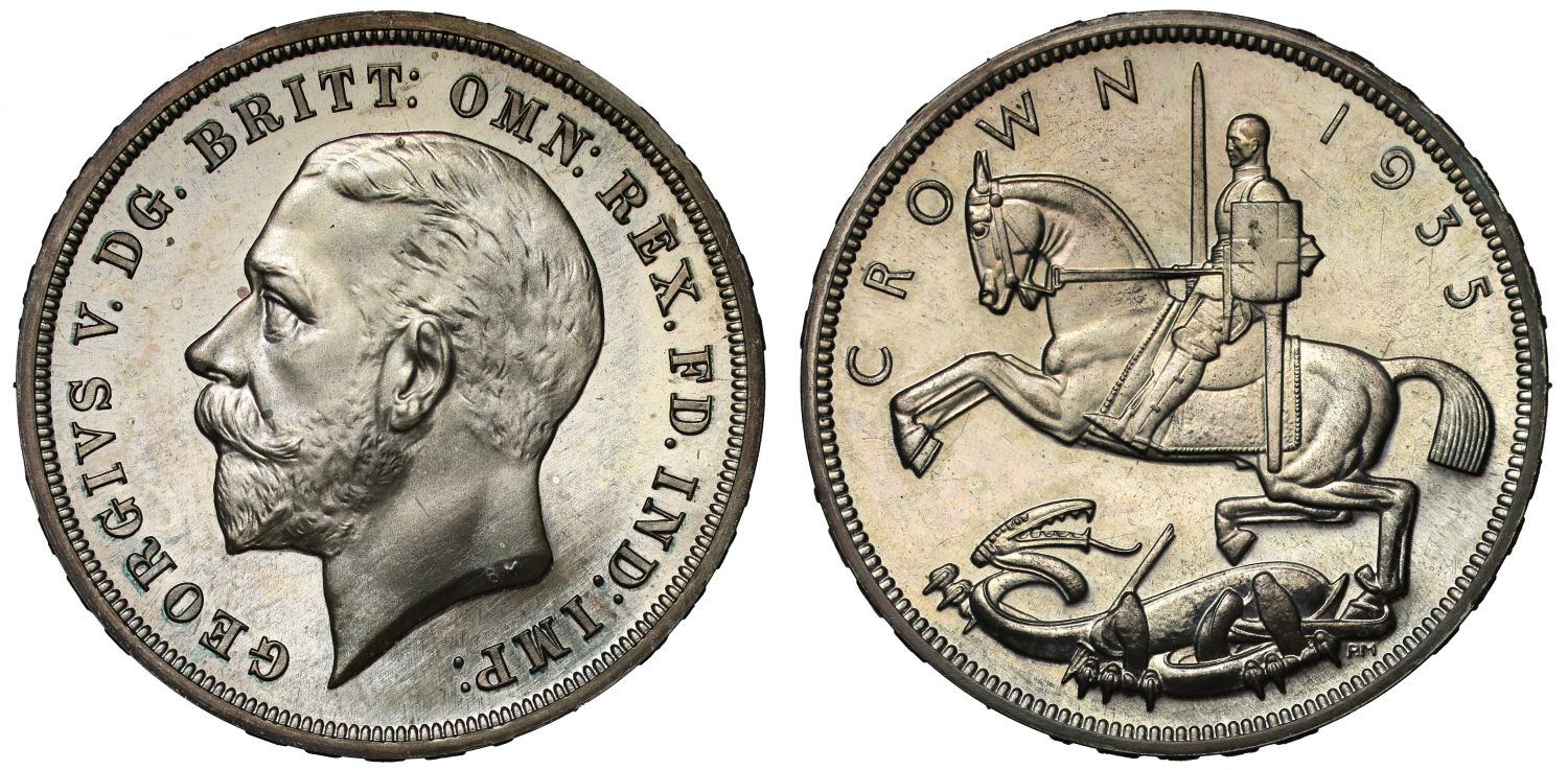 George V 1935 proof Crown, PF65, Silver Jubilee issue, original card box