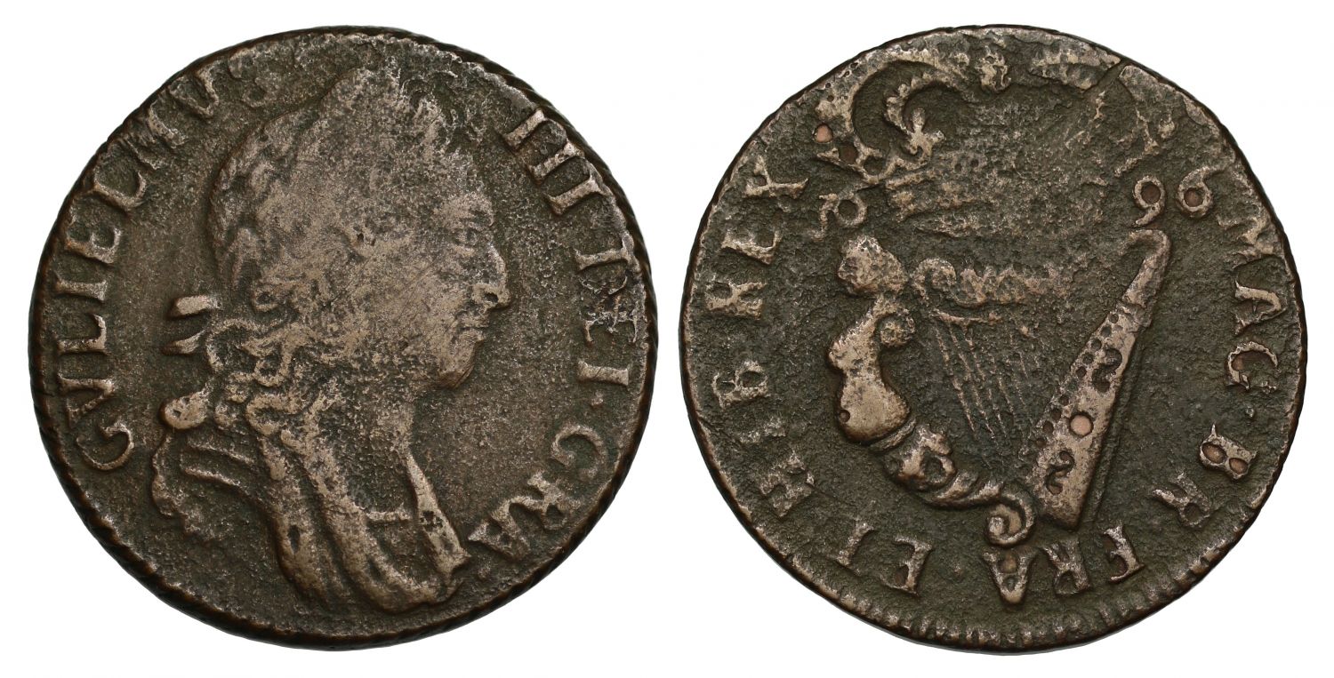 Ireland, William III 1696 Halfpenny, first bust, first year of issue