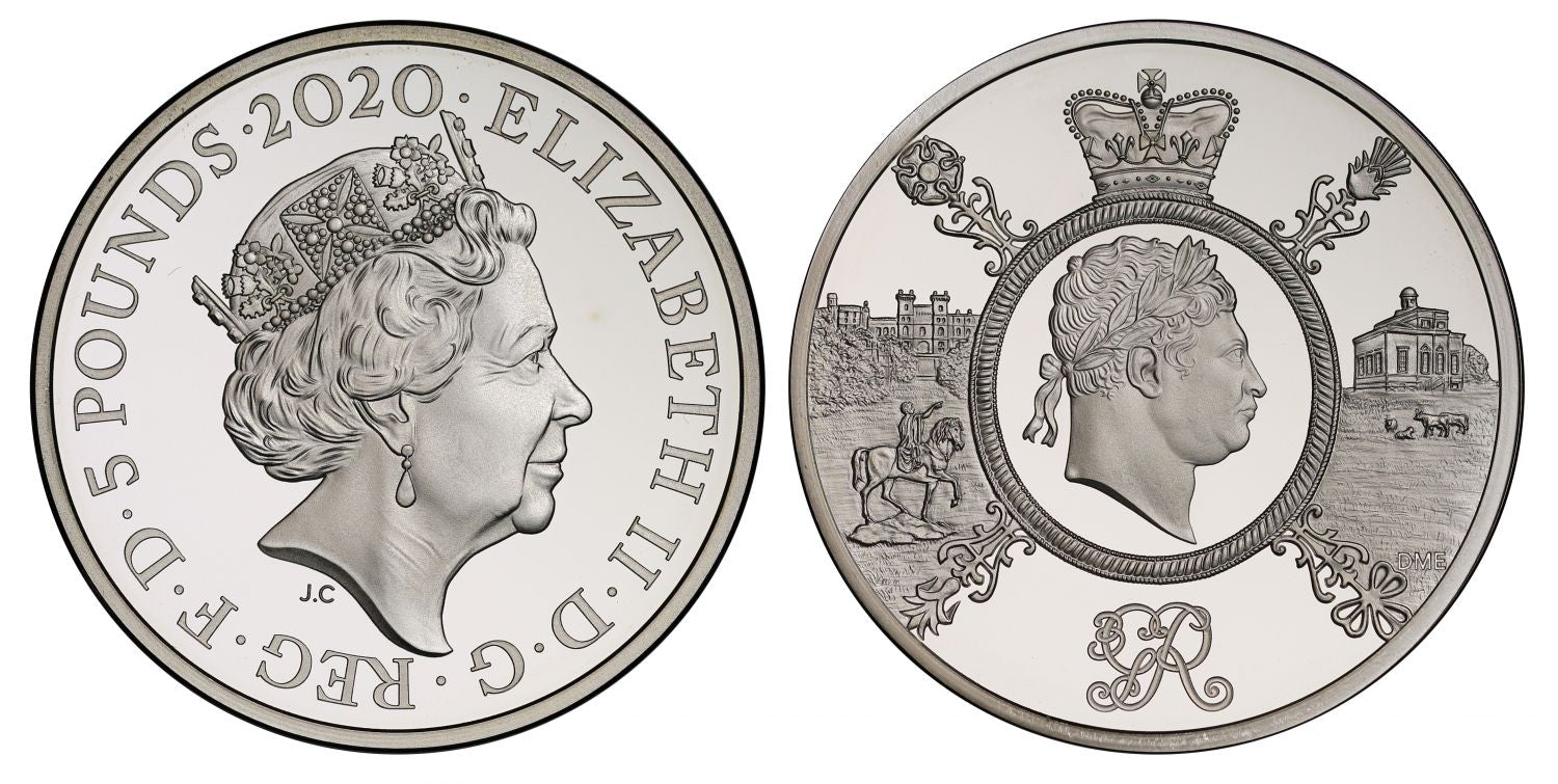 * Elizabeth II 2020 silver PF69 UCAM Piedfort Five-Pounds Celebration George III