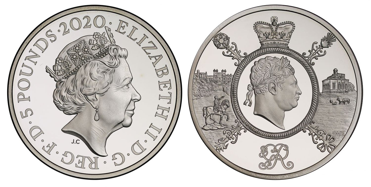 * Elizabeth II 2020 silver PF69 UCAM Piedfort Five-Pounds Celebration George III