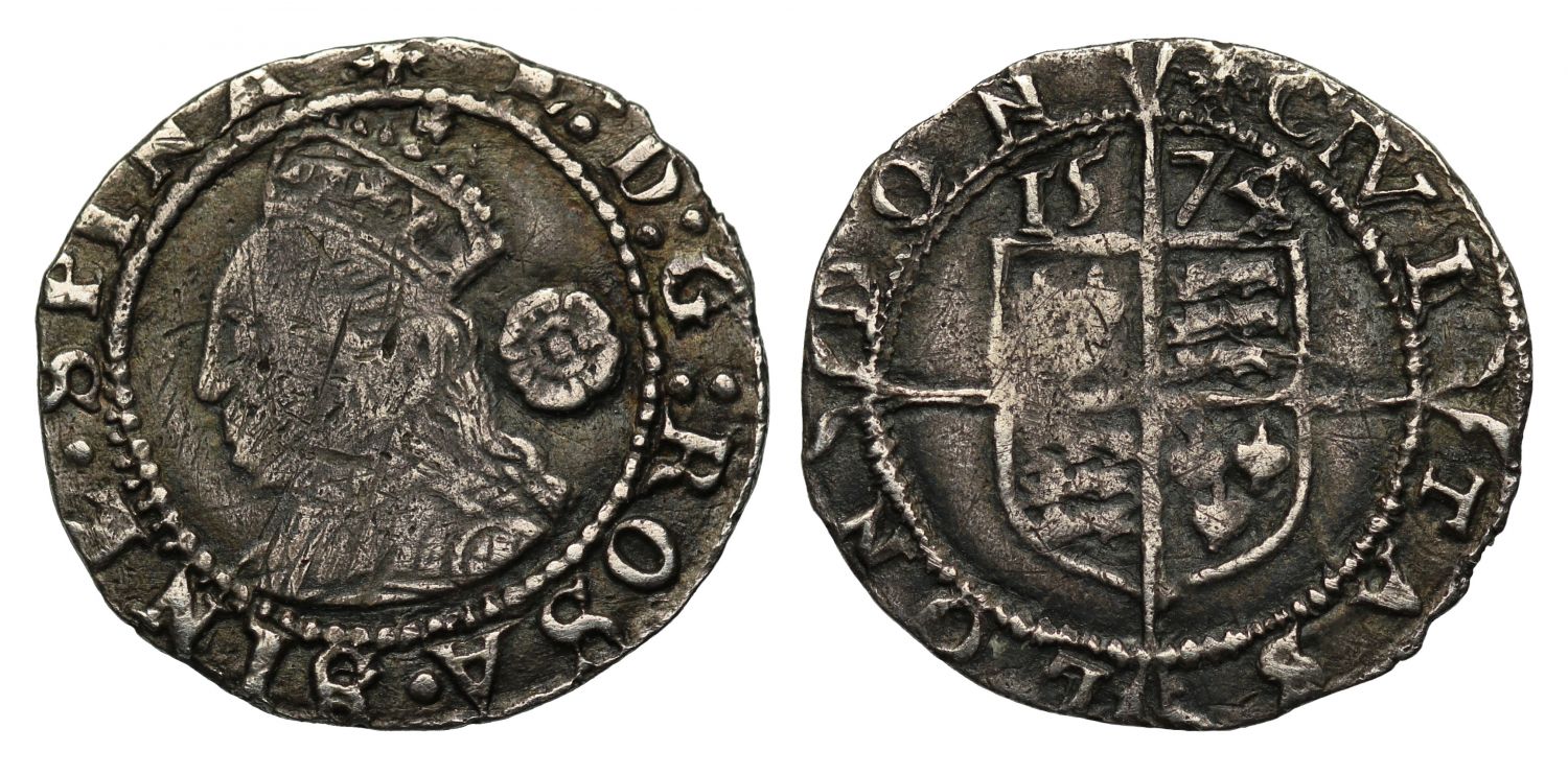 Elizabeth I 1574/2 Threehalfpence, mm eglantine, struck over ermine on reverse