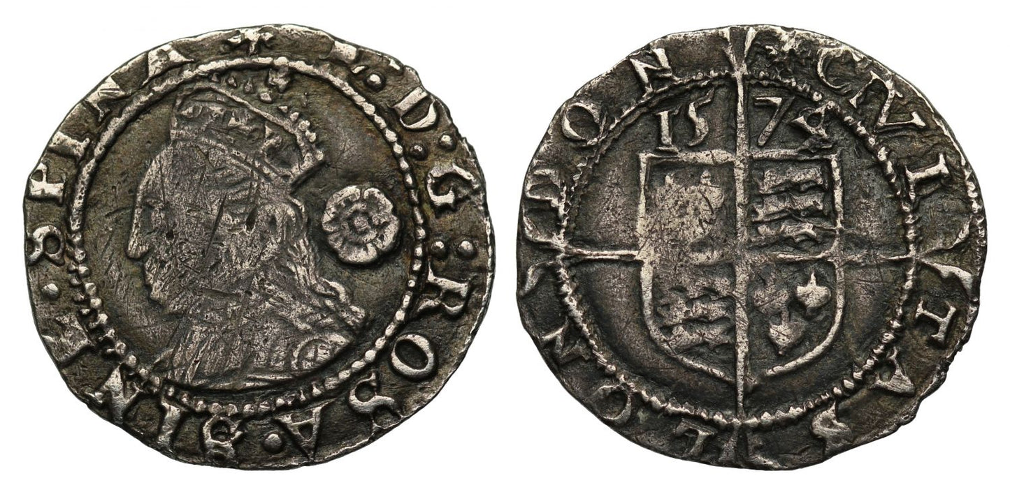 Elizabeth I 1574/2 Threehalfpence, mm eglantine, struck over ermine on reverse