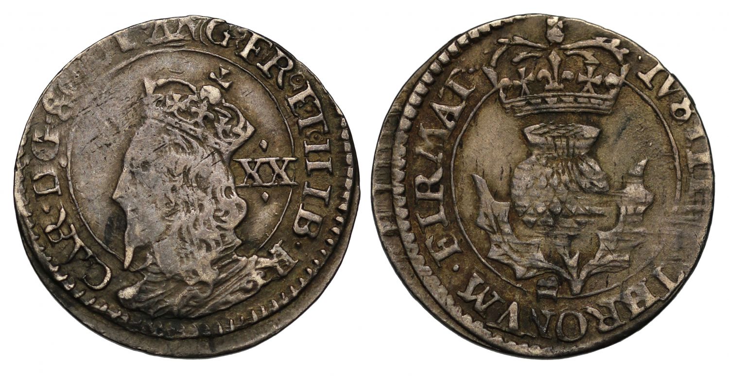 Scotland, Charles I Twenty Pence, third coinage, Briot issue, B under thistle