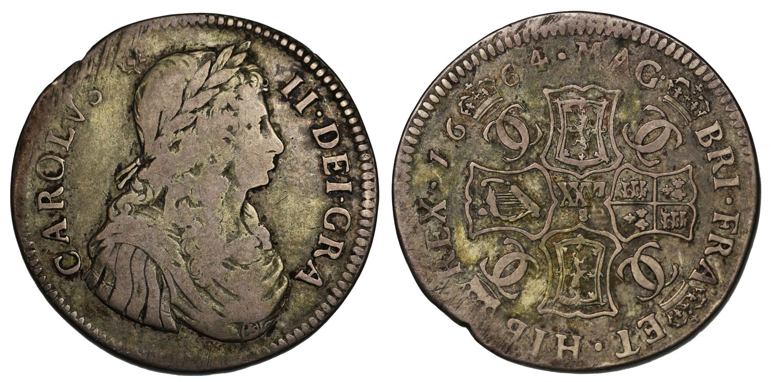 Scotland, Charles II 1664 Two-Merks, earliest one year issue, thistle over head