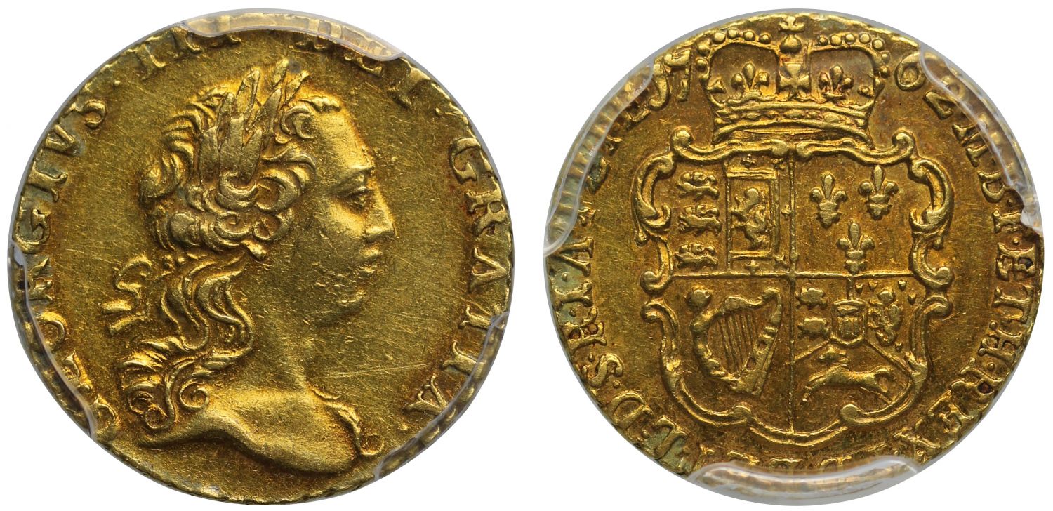 George III 1762 Quarter-Guinea, one year only type, AU58