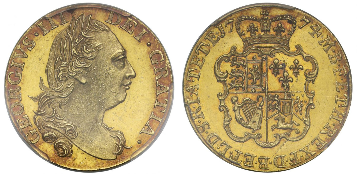 George III 1774 proof Guinea, no die flaw on reverse, PR62 CAMEO