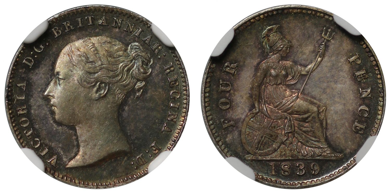 Victoria 1839 plain edge proof Groat, inverted die axis PF65
