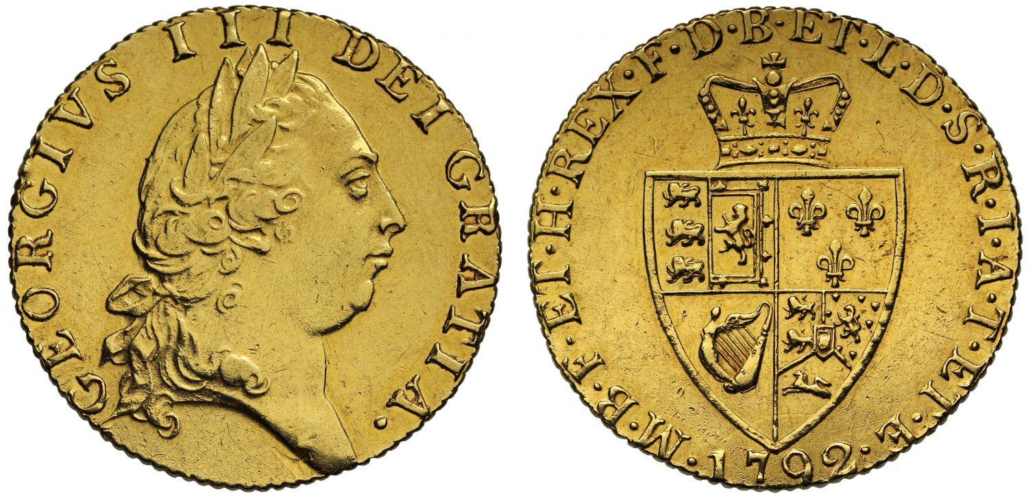 George III 1792 Guinea, fifth head, spade type reverse, large 92 in date
