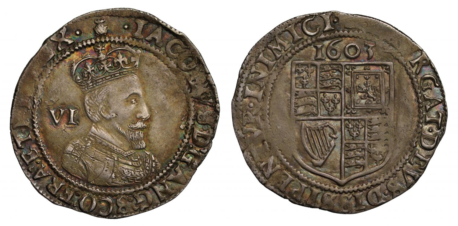 James I 1603 Sixpence, first coinage, first bust dated with thistle mint mark