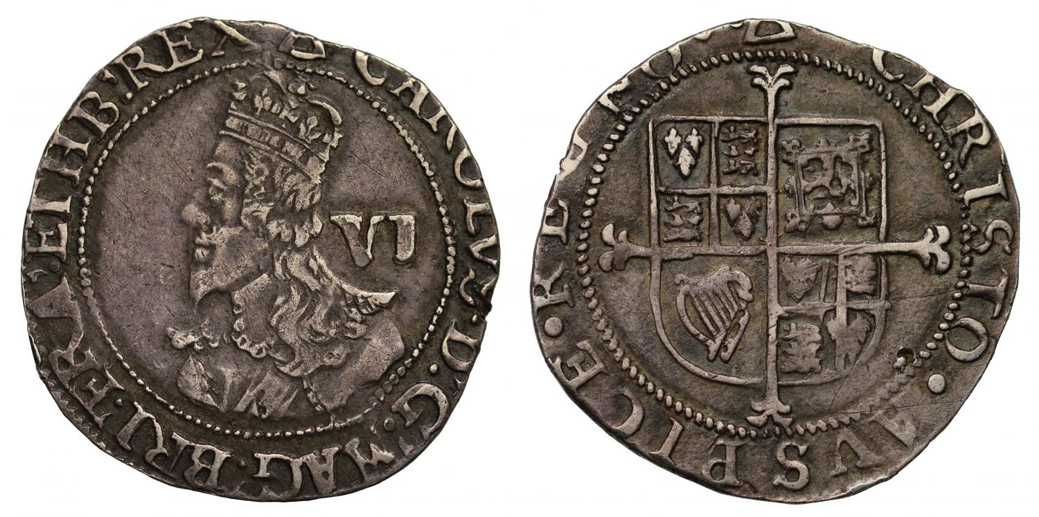 Charles I Sixpence mm triangle, HB for HIB legend, group E, 5th bust