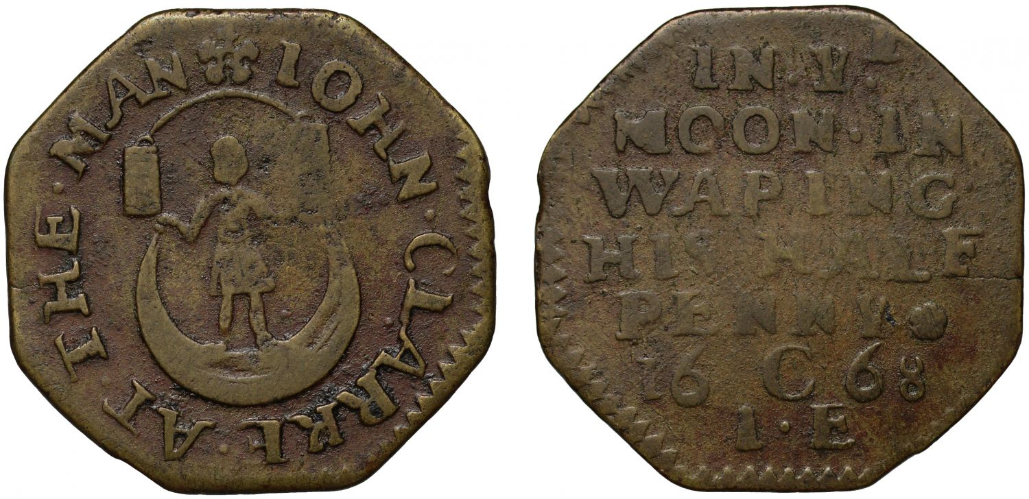 London, Wapping John Clarke octagonal 1668 Halfpence, Man in the Moon