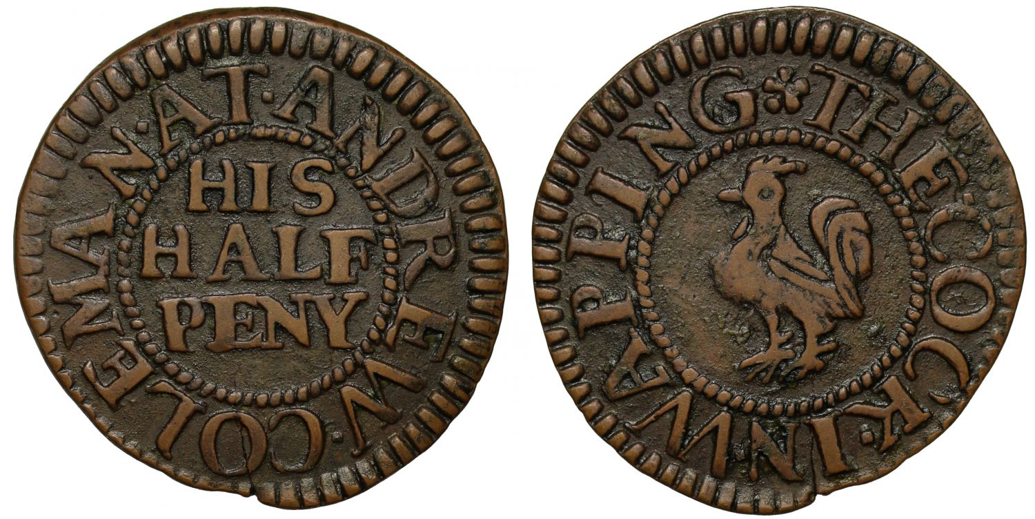 London 17th Century token, Wapping Andrew Coleman Halfpenny, cockerel